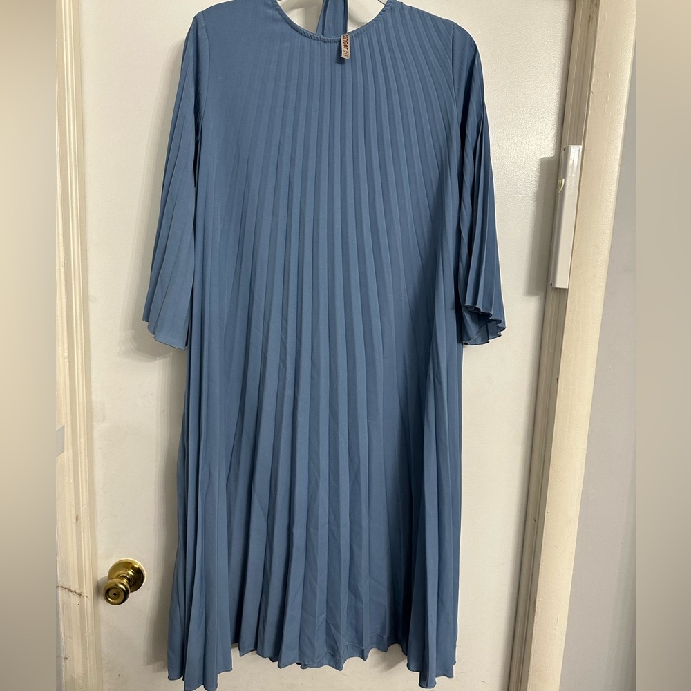 Blue Pleated Midi Dress W/ Belt